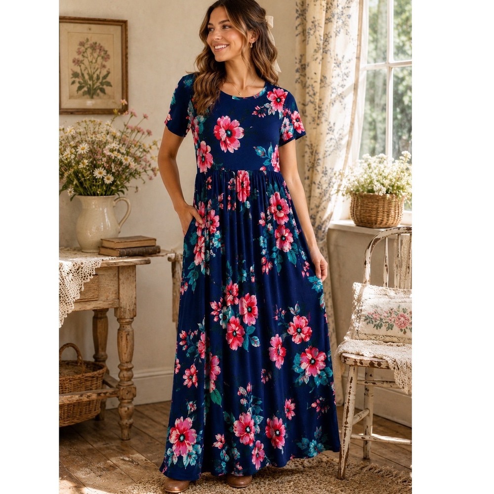 VIISHOW Navy Blue Floral Maxi Dress Short Sleeve Pockets Empire Waist XL